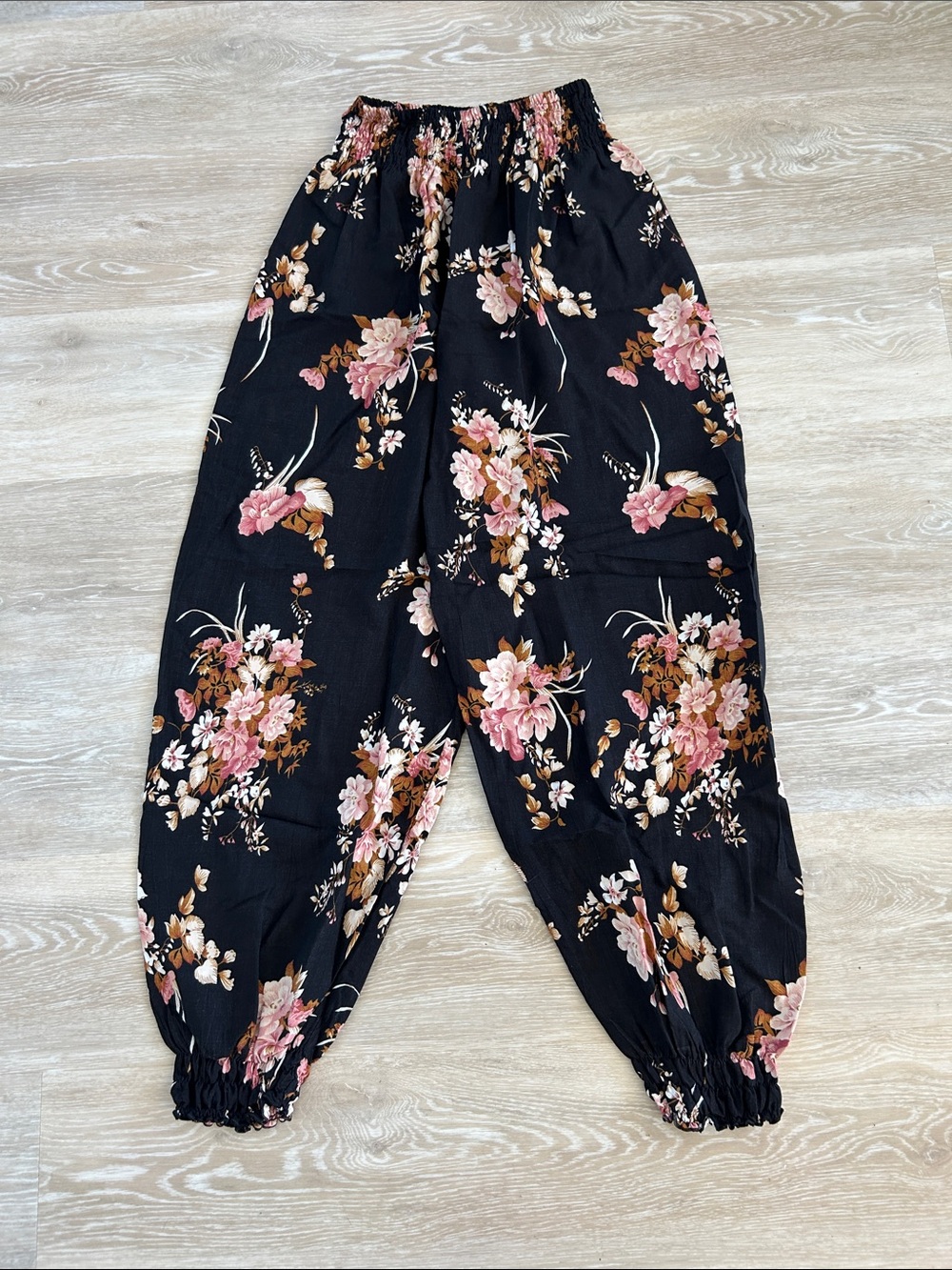 Black Floral Harem Pants with Pink Rose Print